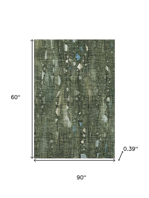 5' X 8' Fern Green And Blue Abstract Washable Area Rug With UV Protection