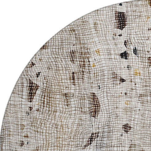 8' Linen And Beige Abstract Washable Round Rug With UV Protection
