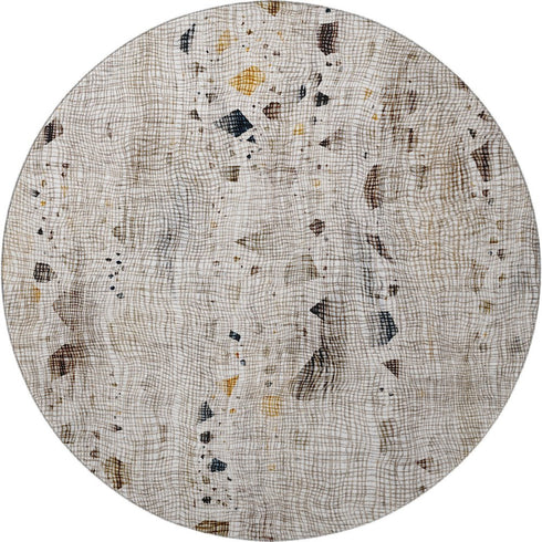 8' Linen And Beige Abstract Washable Round Rug With UV Protection