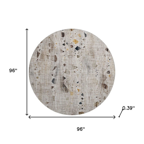 8' Linen And Beige Abstract Washable Round Rug With UV Protection