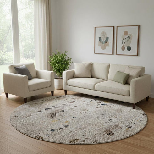 8' Linen And Beige Abstract Washable Round Rug With UV Protection