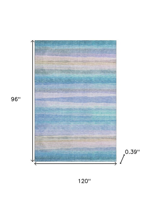 8' X 10' Aqua And Lavender Striped Washable Area Rug With UV Protection