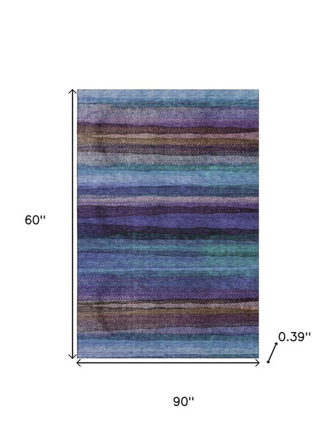 5' X 8' Blue And Purple Striped Washable Area Rug With UV Protection