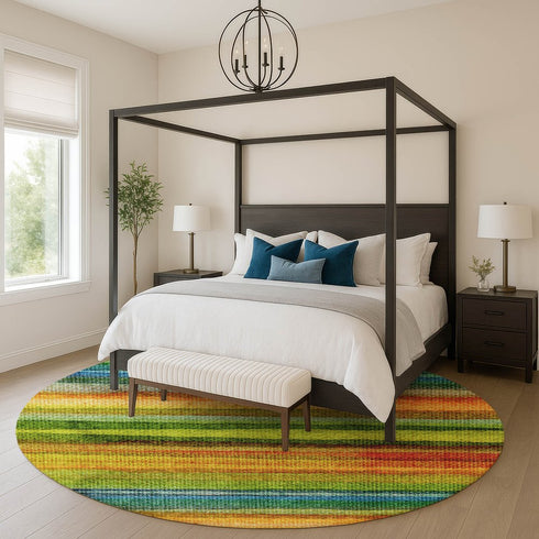 8' Green And Teal Striped Washable Round Rug With UV Protection