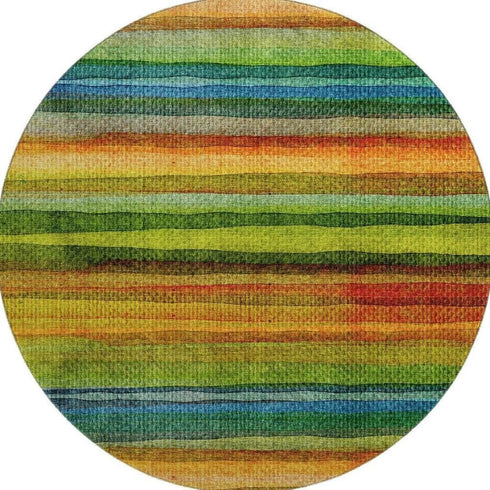 8' Green And Teal Striped Washable Round Rug With UV Protection