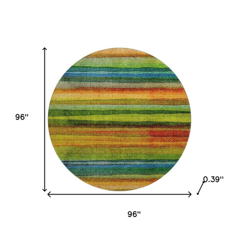 8' Green And Teal Striped Washable Round Rug With UV Protection