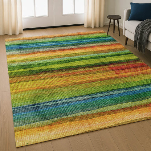 8' X 10' Green And Teal Striped Washable Area Rug With UV Protection