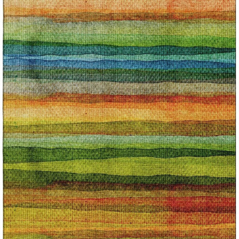 8' X 10' Green And Teal Striped Washable Area Rug With UV Protection