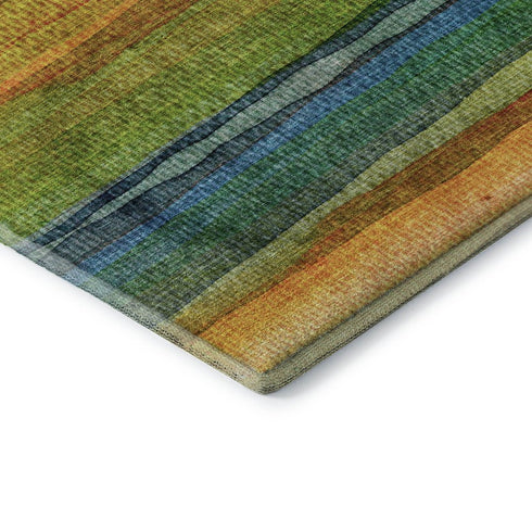 8' X 10' Green And Teal Striped Washable Area Rug With UV Protection