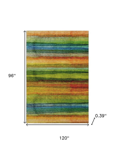 8' X 10' Green And Teal Striped Washable Area Rug With UV Protection