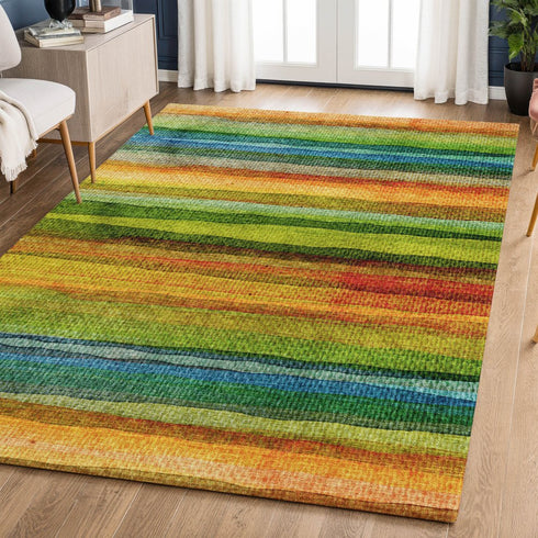8' X 10' Green And Teal Striped Washable Area Rug With UV Protection