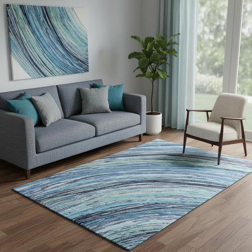 5' X 8' Blue And Ivory Abstract Washable Area Rug With UV Protection