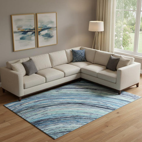 8' X 10' Blue And Ivory Abstract Washable Area Rug With UV Protection