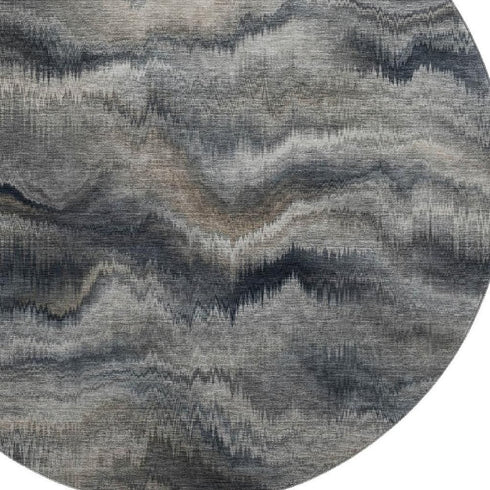 8' Gray And Silver Abstract Washable Round Rug With UV Protection