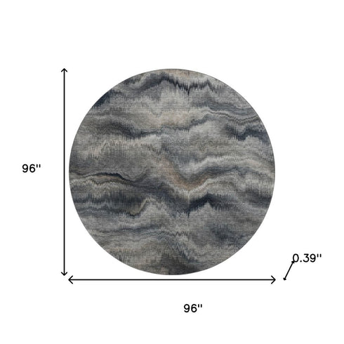 8' Gray And Silver Abstract Washable Round Rug With UV Protection