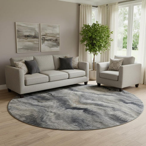 8' Gray And Silver Abstract Washable Round Rug With UV Protection