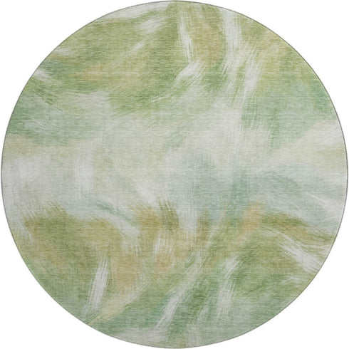 8' Green And Ivory Abstract Washable Round Rug With UV Protection