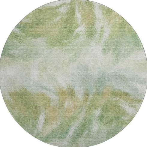 8' Green And Ivory Abstract Washable Round Rug With UV Protection