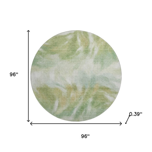 8' Green And Ivory Abstract Washable Round Rug With UV Protection