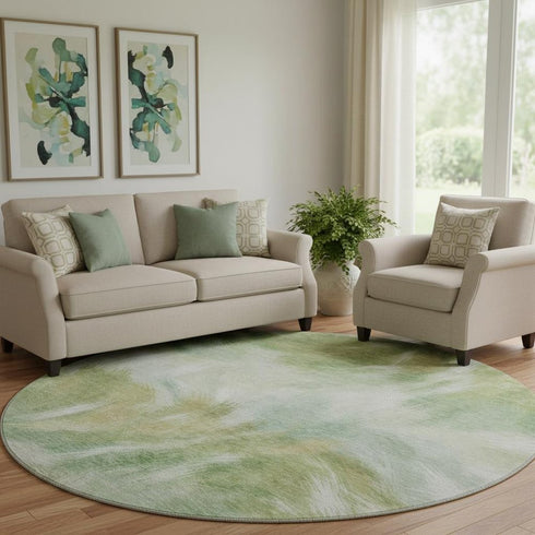 8' Green And Ivory Abstract Washable Round Rug With UV Protection