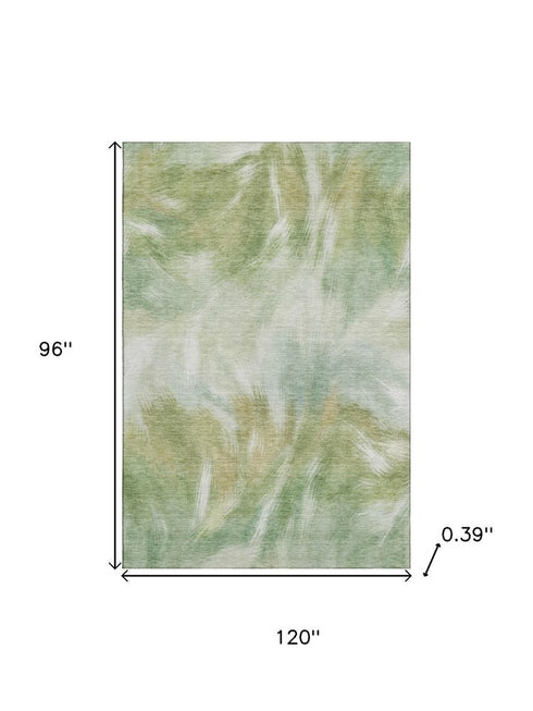 8' X 10' Green And Ivory Abstract Washable Area Rug With UV Protection