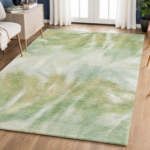 8' X 10' Green And Ivory Abstract Washable Area Rug With UV Protection