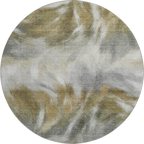 8' Pewter And Gold Abstract Washable Round Rug With UV Protection
