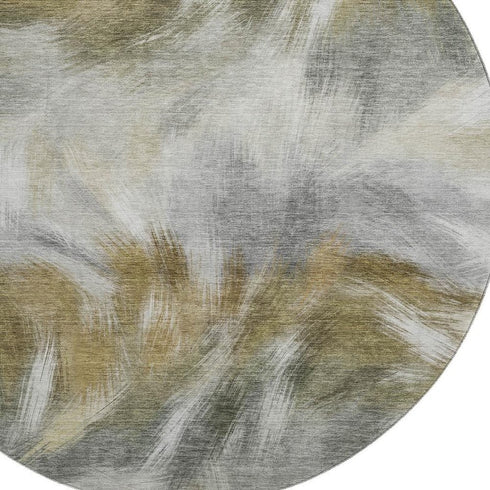 8' Pewter And Gold Abstract Washable Round Rug With UV Protection