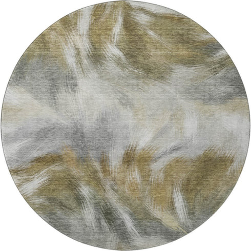 8' Pewter And Gold Abstract Washable Round Rug With UV Protection
