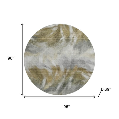8' Pewter And Gold Abstract Washable Round Rug With UV Protection