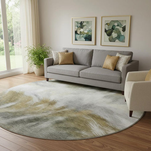 8' Pewter And Gold Abstract Washable Round Rug With UV Protection