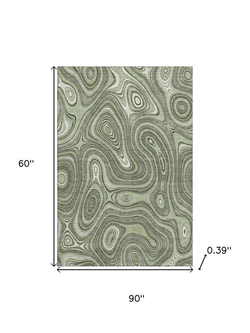 5' X 8' Sage And Ivory Geometric Washable Area Rug With UV Protection