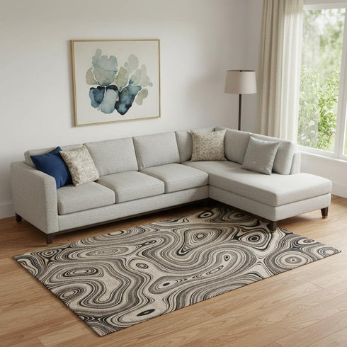 8' X 10' Beige And Charcoal Geometric Washable Area Rug With UV Protection