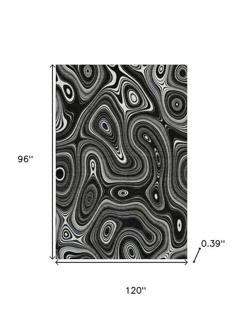 8' X 10' Black And Ivory Geometric Washable Area Rug With UV Protection