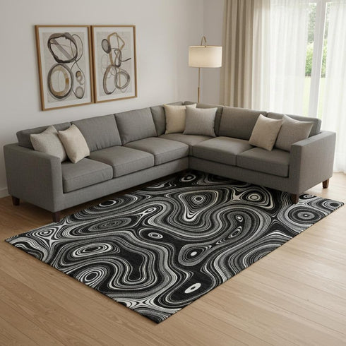 8' X 10' Black And Ivory Geometric Washable Area Rug With UV Protection