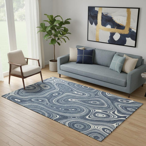 5' X 8' Blue And Ivory Geometric Washable Area Rug With UV Protection