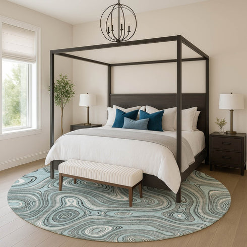 8' Sky Blue And Ivory Geometric Washable Round Rug With UV Protection