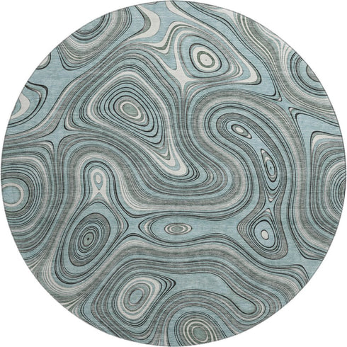 8' Sky Blue And Ivory Geometric Washable Round Rug With UV Protection