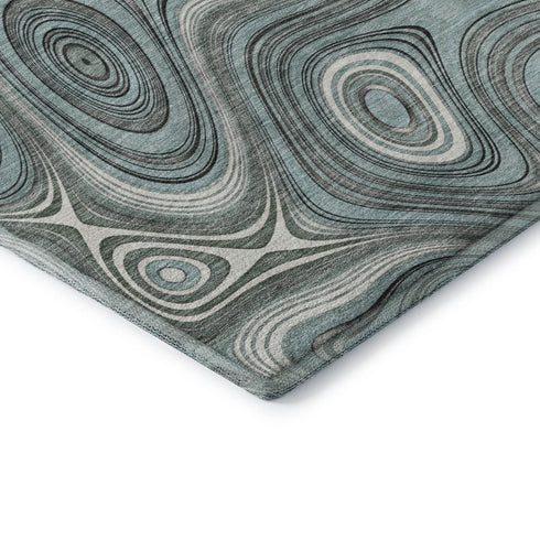 8' Sky Blue And Ivory Geometric Washable Round Rug With UV Protection