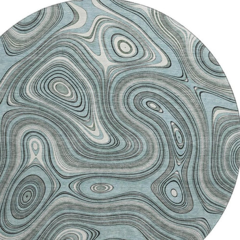 8' Sky Blue And Ivory Geometric Washable Round Rug With UV Protection