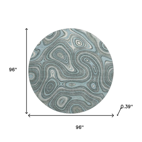 8' Sky Blue And Ivory Geometric Washable Round Rug With UV Protection