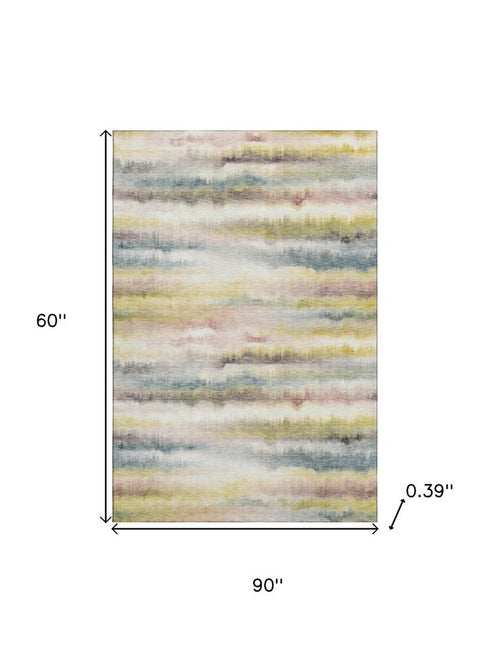 5' X 8' Gold And Ivory Striped Washable Area Rug With UV Protection