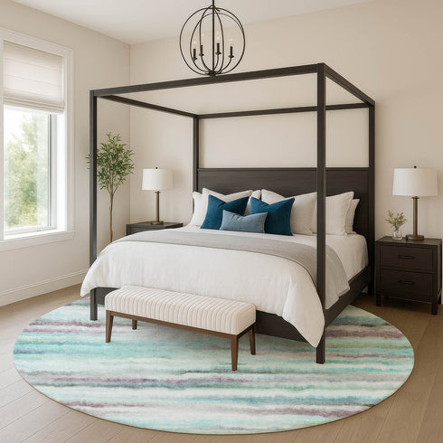 8' Teal And Ivory Striped Washable Round Rug With UV Protection