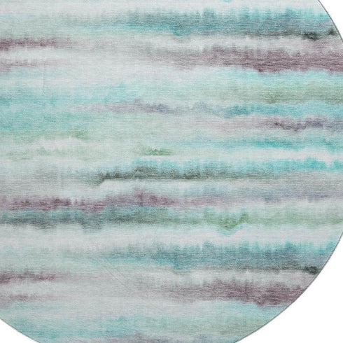 8' Teal And Ivory Striped Washable Round Rug With UV Protection