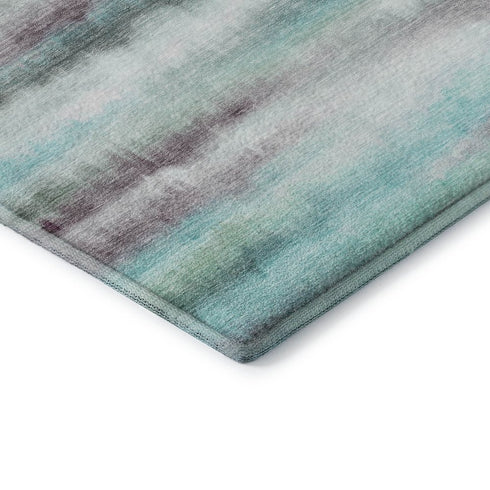 8' Teal And Ivory Striped Washable Round Rug With UV Protection
