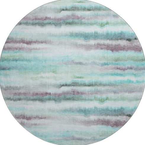 8' Teal And Ivory Striped Washable Round Rug With UV Protection