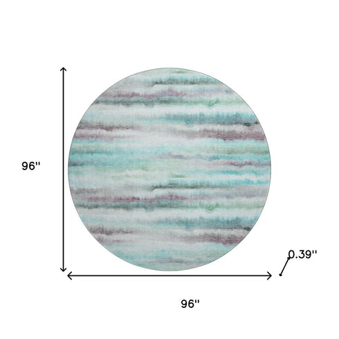 8' Teal And Ivory Striped Washable Round Rug With UV Protection