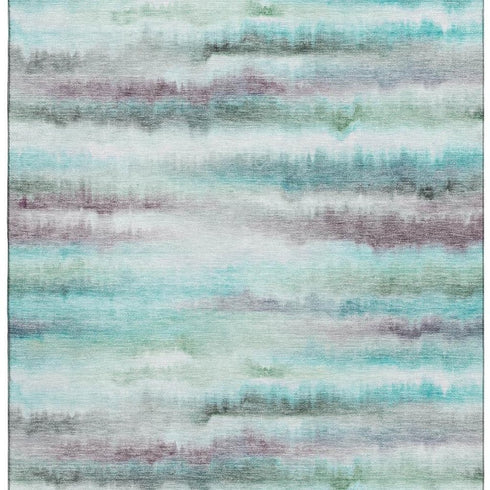8' X 10' Teal And Ivory Striped Washable Area Rug With UV Protection