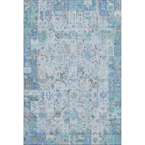 5' X 8' Blue And Ivory Patchwork Washable Area Rug With UV Protection