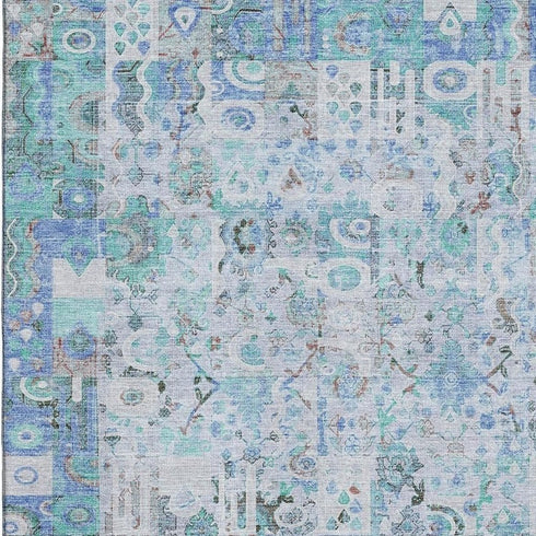 5' X 8' Blue And Ivory Patchwork Washable Area Rug With UV Protection